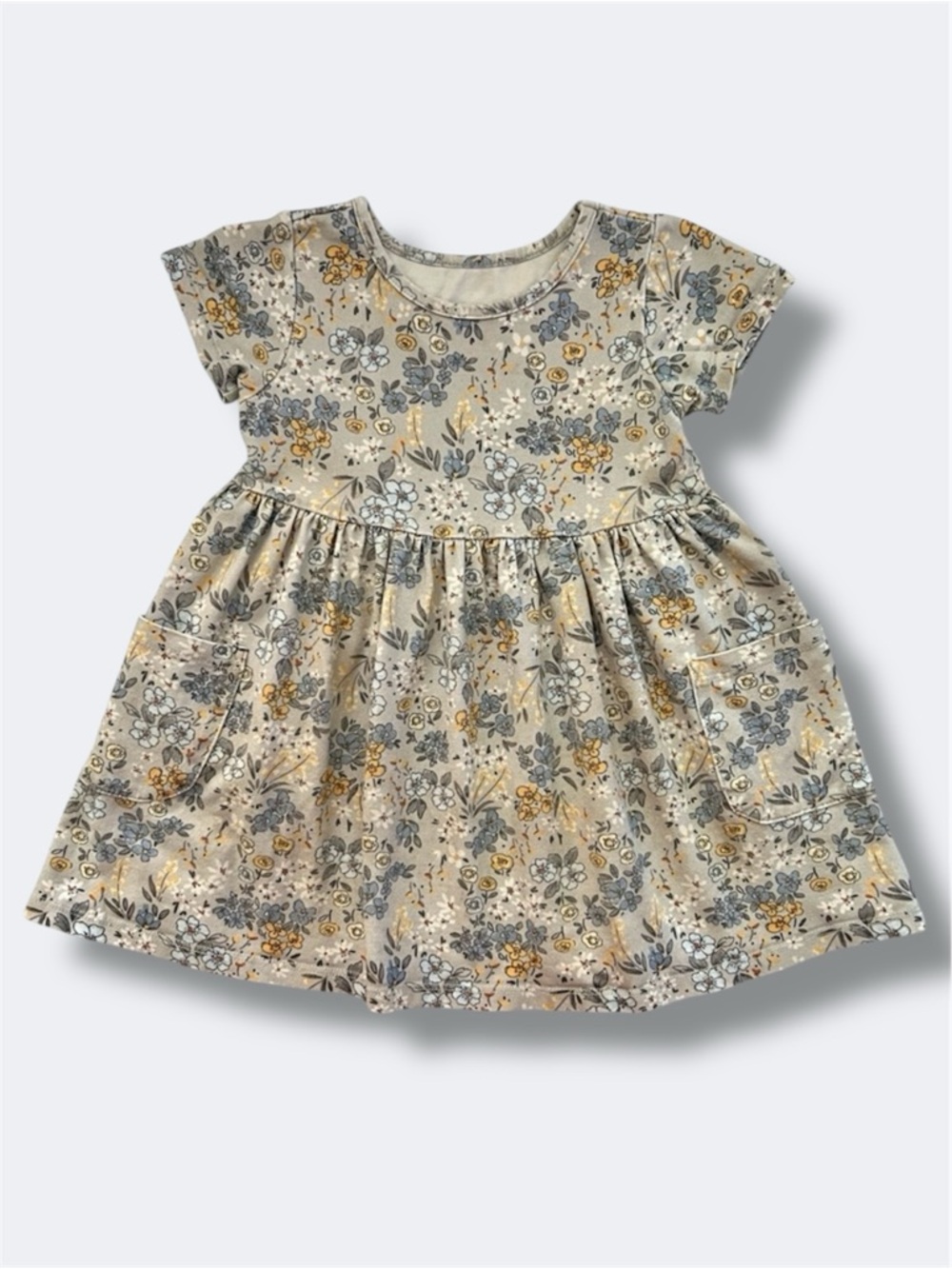 Quince Organic Cotton Fit & Flare Pocket Dress Girls 2T Grey Ditsy Floral Casual